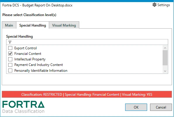 Data Classification Suite selection dialog