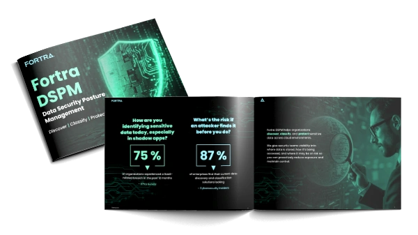 Collage of Fortra DSPM brochure and product materials