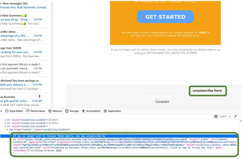 Example of a phishing email with a fraudulent unsubscribe button