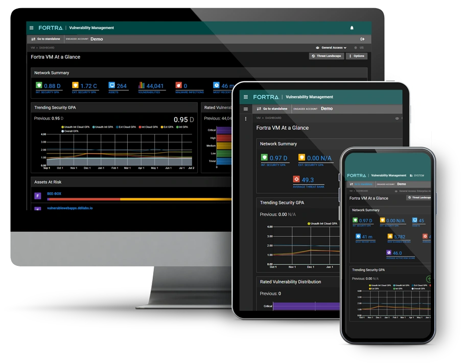 Fortra VM dashboard shown across desktop and mobile devices